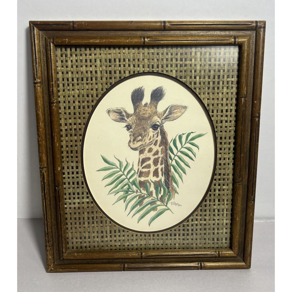 Vintage 70s Linda Picken Giraffe Art Bamboo Wicker Frame Animal Baby Cottage